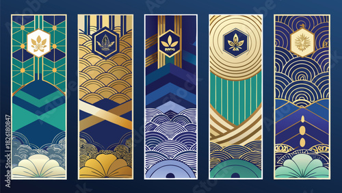 A set of four colorful banners featuring various geometric patterns in a harmonious arrangement..eps