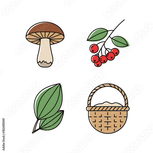 Forest Foraging Collection - Mushroom, Berries, Leaves, and Woven Basket.