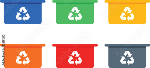 Six colorful recycling bins, each with a recycling symbol, arranged in two rows.