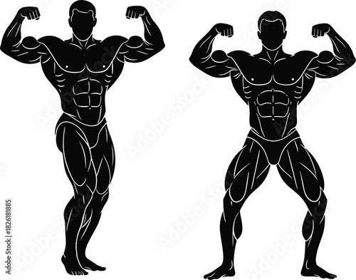 Bodybuilder posing silhouettes vector set massive muscles fitness gym strength training bodybuilding competition health male athlete
