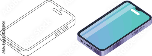 Modern Isometric Smartphone Illustration, Outline and Colored Mobile Phone Device, Technology Screen Vector Graphic Template Mockup