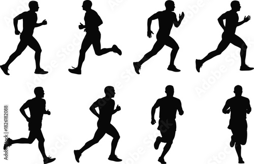 Running man silhouettes vector set male athletes jogging marathon runners fitness different gaits sport exercise healthy lifestyle