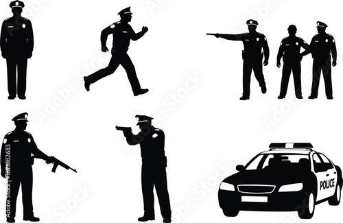 Police officer and patrol car silhouettes vector set security law enforcement running action authority protection crime control