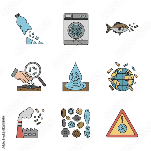 Microplastic pollution and environmental impact icons set.