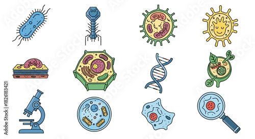Microscopic World - Cells, DNA, and Scientific Tools Illustration.