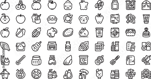 A collection of hand-drawn food and drink icons including fruits vegetables and jars Keywords: apple pear banana bread pie cake cookie jar bottle milk juice coffee tea food drink fruit vegetable