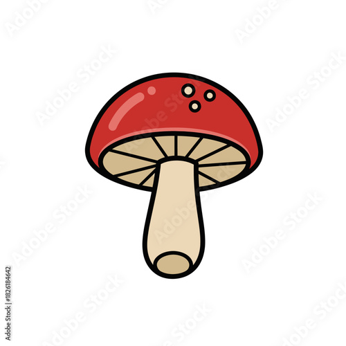 Red mushroom illustration with white spots on white background.