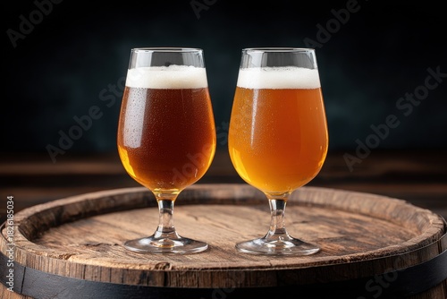 Close-up of two dewy tulip beer glasses with amber ale and hazy ipa on rustic wooden barrel against dark studio background, concept for craft brewery tasting