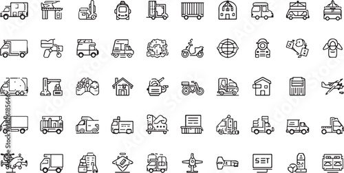 Collection of Black Outline Icons Representing Various Modes of Transportation and Logistics Keywords: transportation, logistics, truck, van, car, bus, train, airplane, helicopter, ship, boat