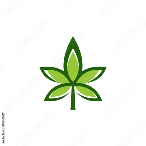 Elegant green cannabis leaf logo design, a modern and simple vector icon representing natural herbal medicine, CBD, and wellness industries isolated on a white background