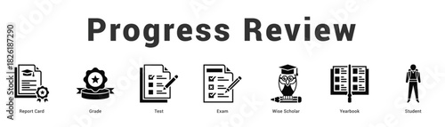 Progress Review Modern and clean web banner illustration featuring thematic icons for visual communication