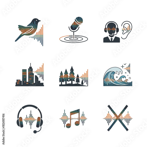 Sound Wave Visualizations - Bird, Microphone, City, Nature, and Music.