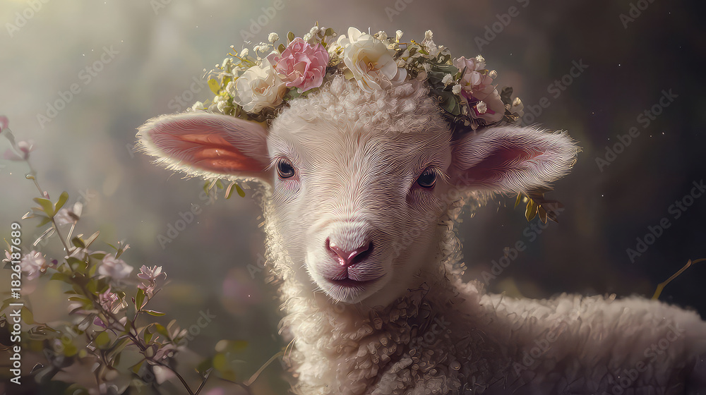 Obraz premium Adorable lamb portrait with a flower crown is perfect for springtime celebrations