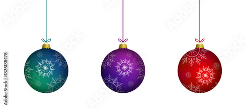 Christmas 3d purple, blue, red hanging balls set vector illustration. Merry christmas baubles collection to use for christmas card, greetings, xmas, winter holiday, new year projects. 