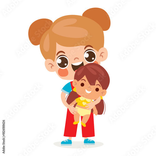 Cartoon Kid Holding Doll Baby