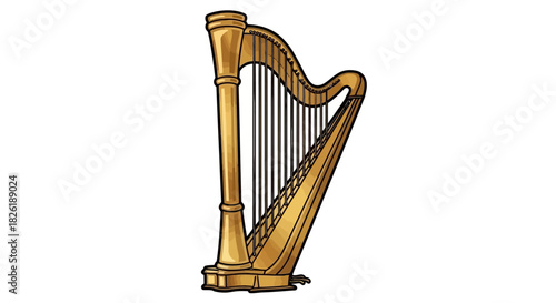 Golden Harp Vector Illustration: Traditional Irish Musical Instrument for Graphic Design