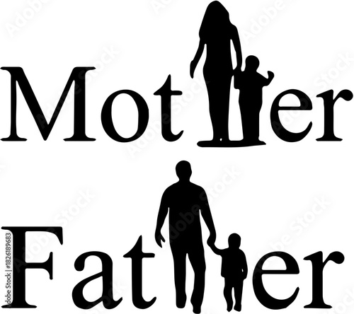 silhouette of mother and father with son design word