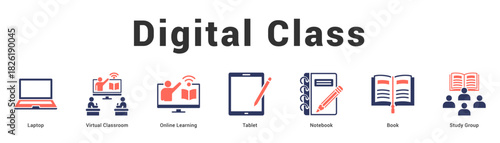Digital Class Modern and clean web banner illustration featuring thematic icons for visual communication
