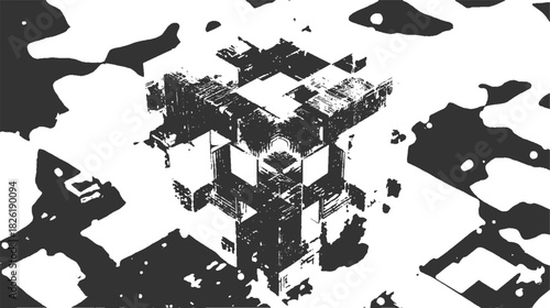 Abstract geometric cube structure with fragmented dark gray shapes on white background vector