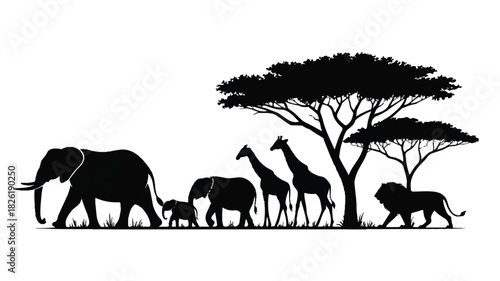 A black and white silhouette illustration of an African safari scene. 