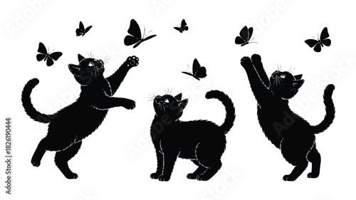 A black and white silhouette illustration of three black cats playing with butterflies.  