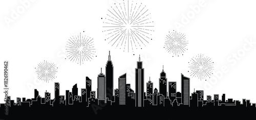 Black silhouette of a city skyline with fireworks on a white background