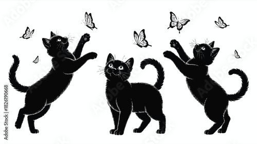 A black and white silhouette illustration of three black cats playing with butterflies. 