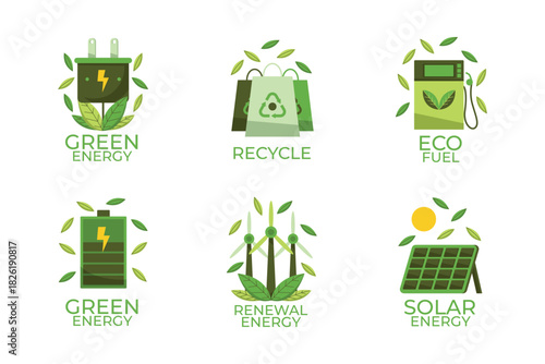 Eco concept icons showing recycling, solar energy, and green lifestyle.