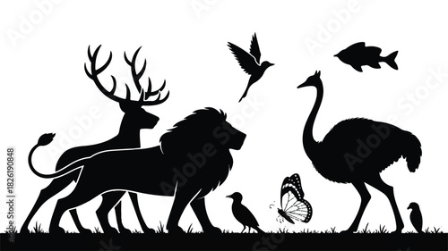 A black and white silhouette illustration of various animals arranged in a horizontal composition 
