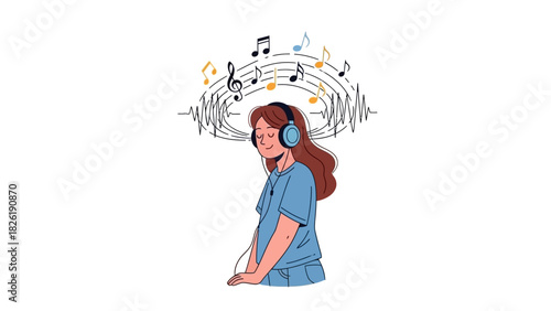 Enjoying Music Through Headphones with Musical Notes and Sound Waves