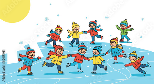 Children joyfully ice skating together under a bright winter sun illustration