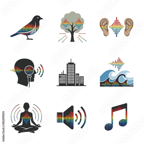 A collection of icons representing sound waves and audio perception.