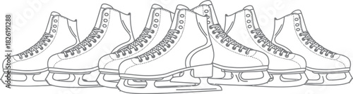 Group of ice skates lined up in a row ready for winter sports activity