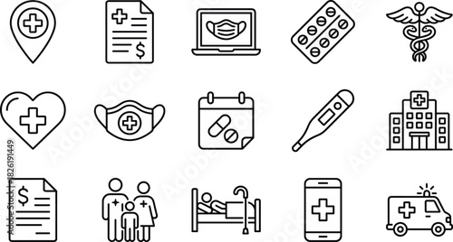 Medical and Healthcare Outline Icons Set: Hospital, Prescription, Insurance, Telemedicine, and Patient Care Vector Collection