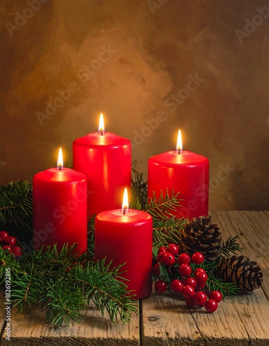Four burning red candles, greenery, and pinecones on a wood surface