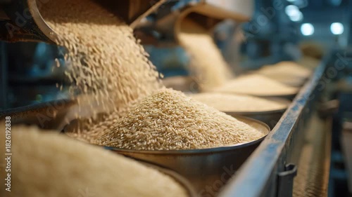Rice processing in industrial factory, showcasing modern agricultural manufacturing and food production efficiency.