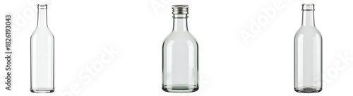 Three clear glass bottles of varying shapes displayed against a plain, solid backdrop space on transparent background