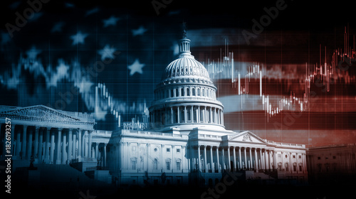 The United States Capitol building overlayed with financial stock market chart and American flag. Economic policy and government finance concept