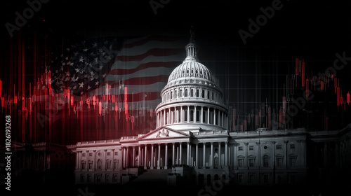 The United States Capitol building overlayed with financial stock market chart and American flag. Economic policy and government finance concept