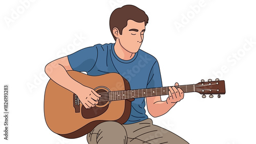 A focused young man sitting and playing an acoustic guitar, a musician enjoying his musical hobby. Vector illustration