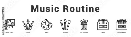 Music Routine Modern and clean web banner illustration featuring thematic icons for visual communication