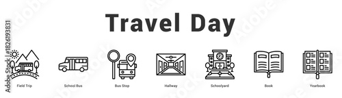 Travel Day Modern and clean web banner illustration featuring thematic icons for visual communication