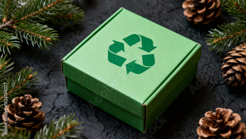 Green eco friendly gift box for sustainability christmas celebration with pinecone and fir branch for festive mood