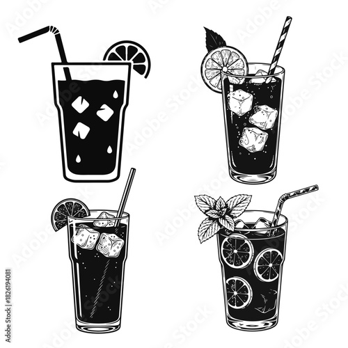 Vector illustration of a lemonade glass with lemon slice, ice cubes and straw in a clean minimal style. Fresh lemonade, citrus drink, summer beverage, cold refreshment, lemon glass