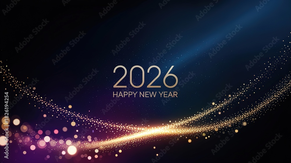 Fototapeta premium Golden light particles illuminate the 2026 new year message against the dark blue background