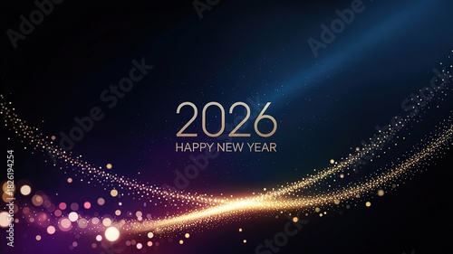 Golden light particles illuminate the 2026 new year message against the dark blue background