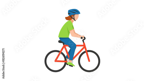 A person wearing a safety helmet rides a red bicycle. Simple flat vector illustration of a cyclist for an active lifestyle concept