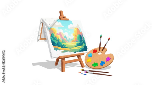 An artist's workstation featuring a wooden easel with a vibrant landscape painting, a colorful palette, and various brushes