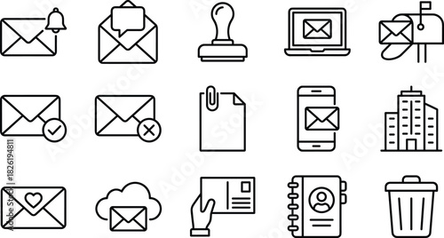 Email, Communication, and Messaging Outline Icons Set: Digital Mail, Notification, Office, and Contact Vector Collection