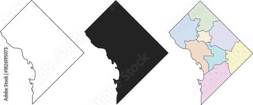 Clean vector map of Washington with outline, silhouette, and colored district shapes. Minimalist, editable, and suitable for infographics, reports, presentations, and geographic visuals.